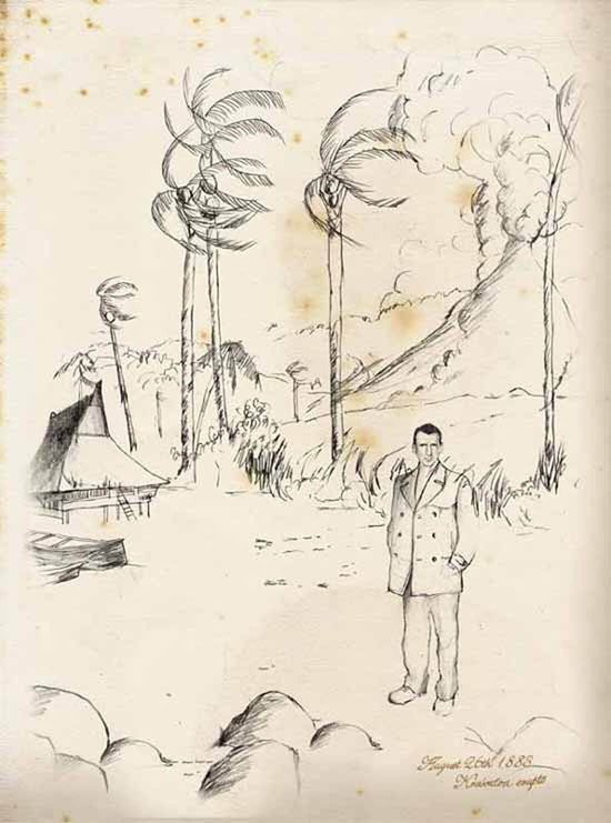 This pencil sketch depicts the Doctor on the coast of Sumatra during the 1883 Krakatoa eruption. The drawing is signed and dated 'August 27th 1883, Krakatoa'.